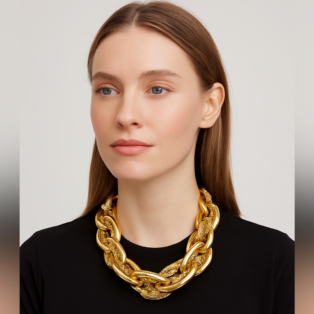 Kenneth Jay Lane Gold Plated MultI Chain Gate Link Massive Necklace Y2K Style